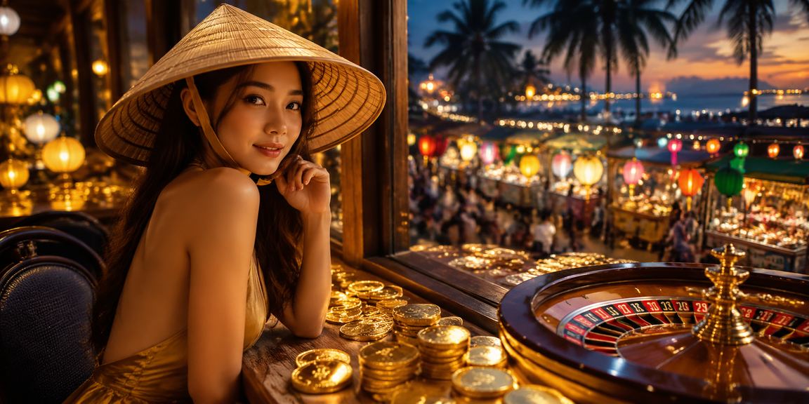Bàn roulette sang trọng với nón lá Việt Nam – hình ảnh kết hợp văn hóa và casino tại Phú Quốc